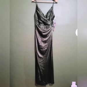 Galina Signature Long V-Neck Faux Wrap Gown – Martini Olive – Size 6 (NWT)